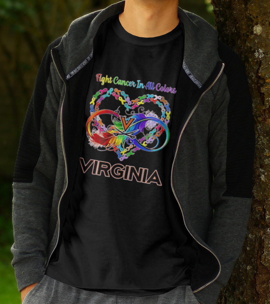 Virginia Cavaliers Fight Cancer In All Colors Ribbon Heart Rainbow Feather Infinity T-Shirt