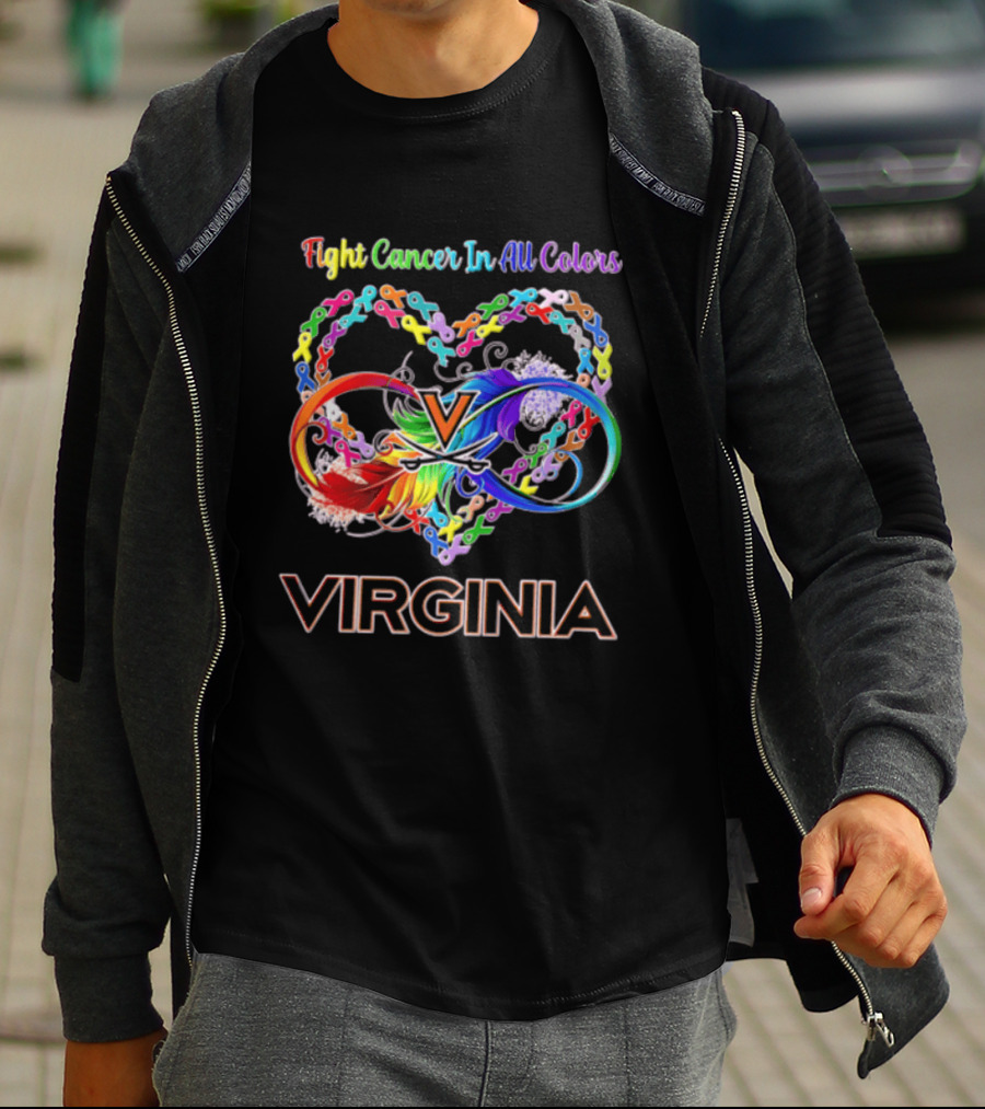 Virginia Cavaliers Fight Cancer In All Colors Ribbon Heart Rainbow Feather Infinity T-Shirt