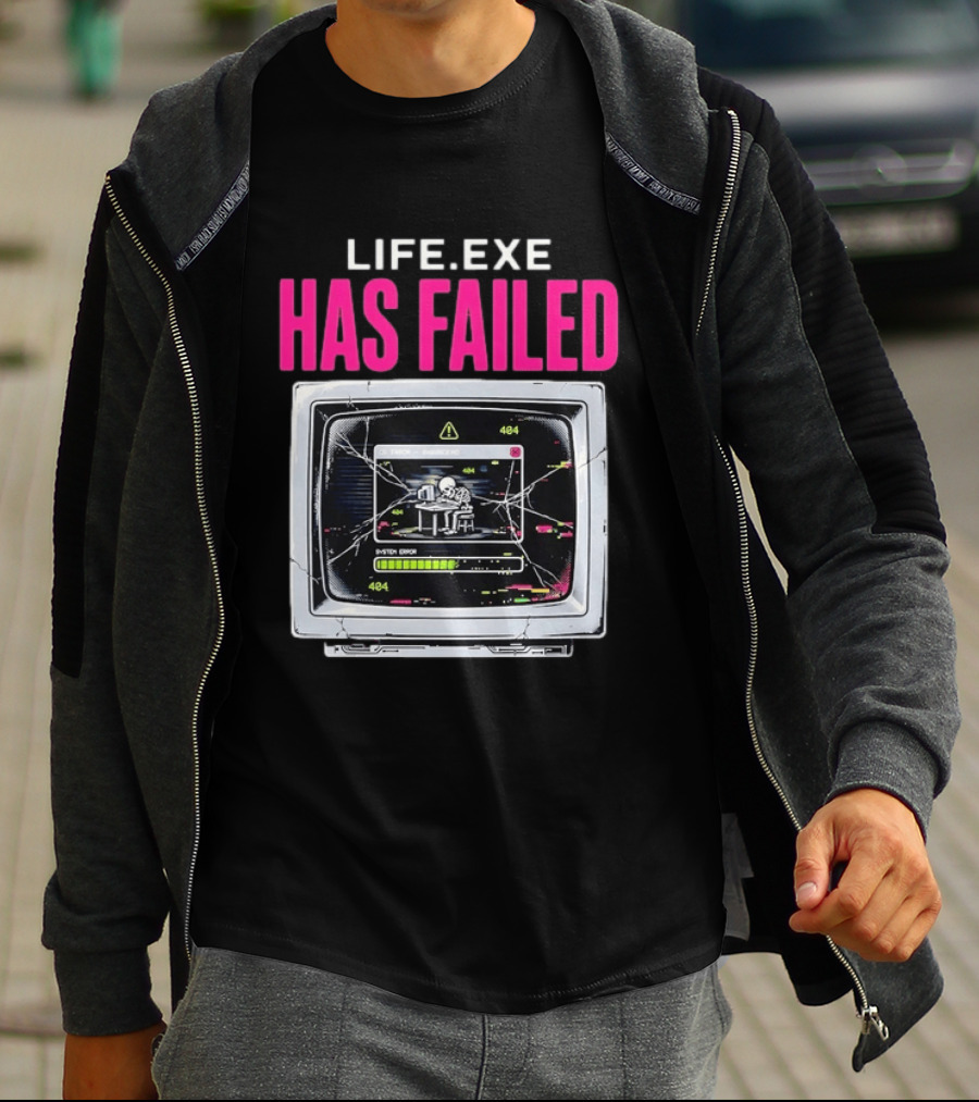 Lifeexe Has Failed System Error 404 Skeleton Computer Retro Monitor T-Shirt