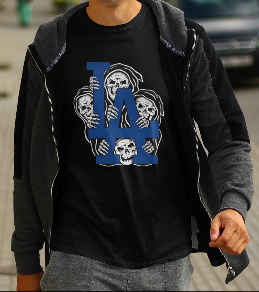 Skeletons Behind LA Dodgers Blue T-Shirt