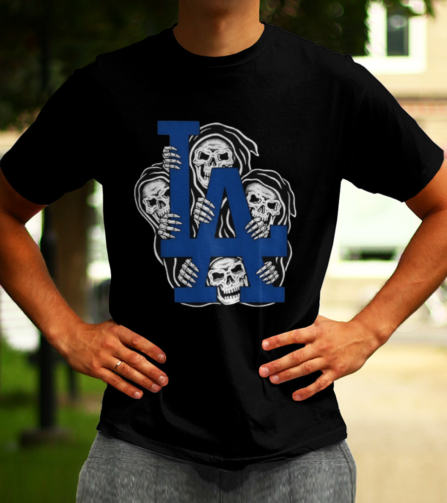 Skeletons Behind LA Dodgers Blue T-Shirt