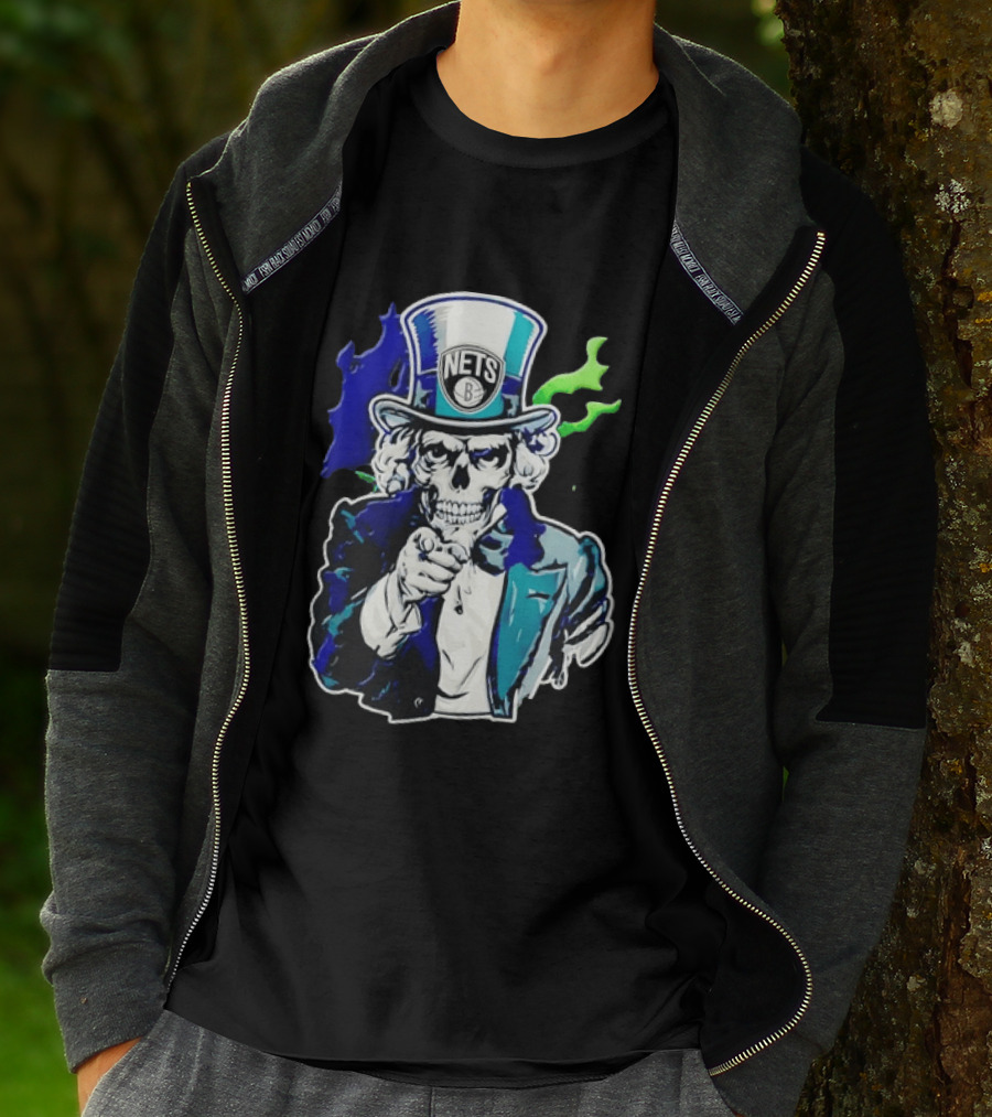 Brooklyn Nets Skeleton Uncle Sam Top Hat Pointing Stripes T-Shirt