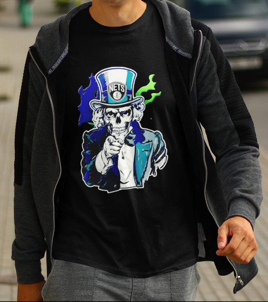 Brooklyn Nets Skeleton Uncle Sam Top Hat Pointing Stripes T-Shirt