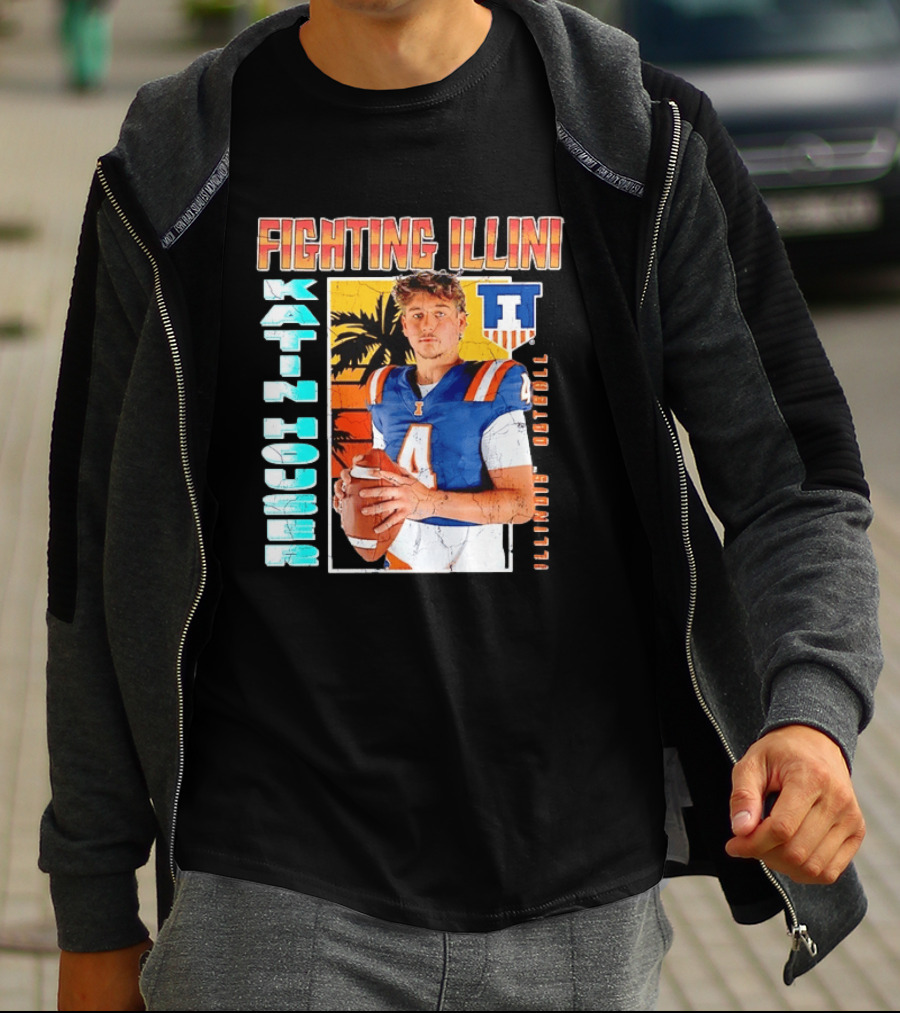 Fighting Illini Katin Houser Illinois Football Distressed Palm Tree T-Shirt