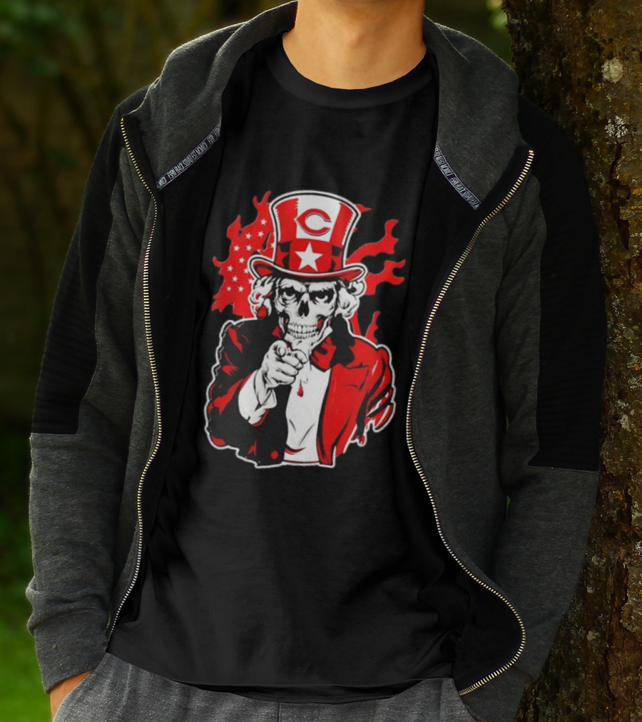 Cincinnati Reds Skeleton Uncle Sam Pointing US Flag Flames T-Shirt