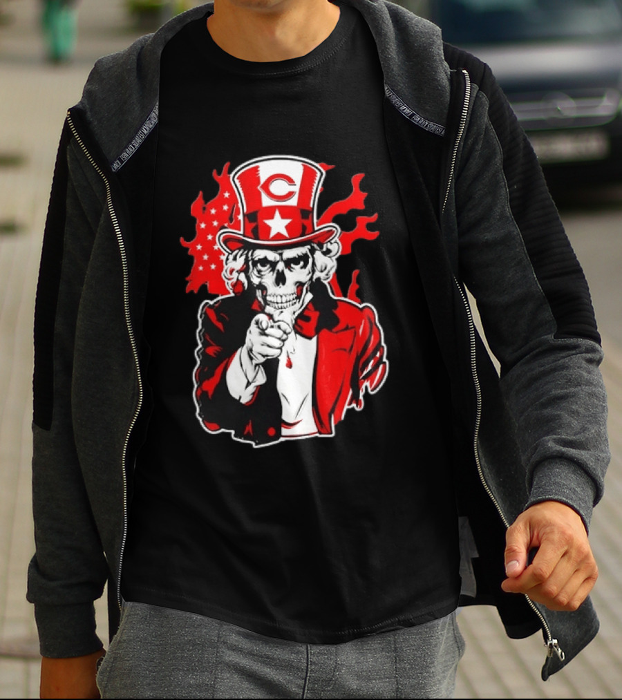 Cincinnati Reds Skeleton Uncle Sam Pointing US Flag Flames T-Shirt