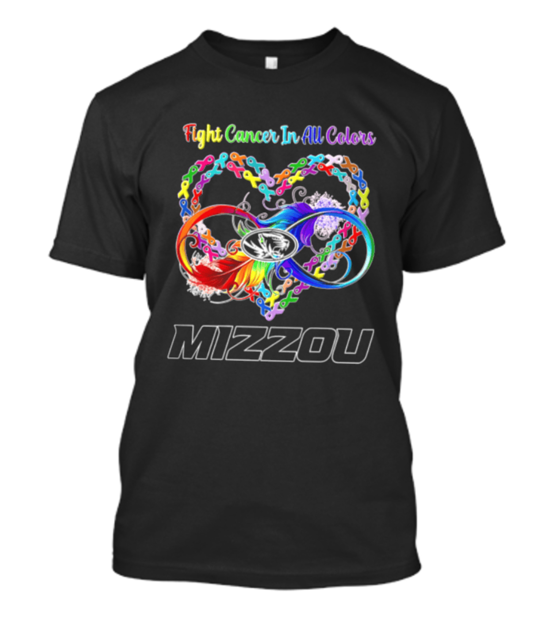Mizzou Fight Cancer In All Colors Heart Infinity Ribbon Rainbow Feather T-Shirt