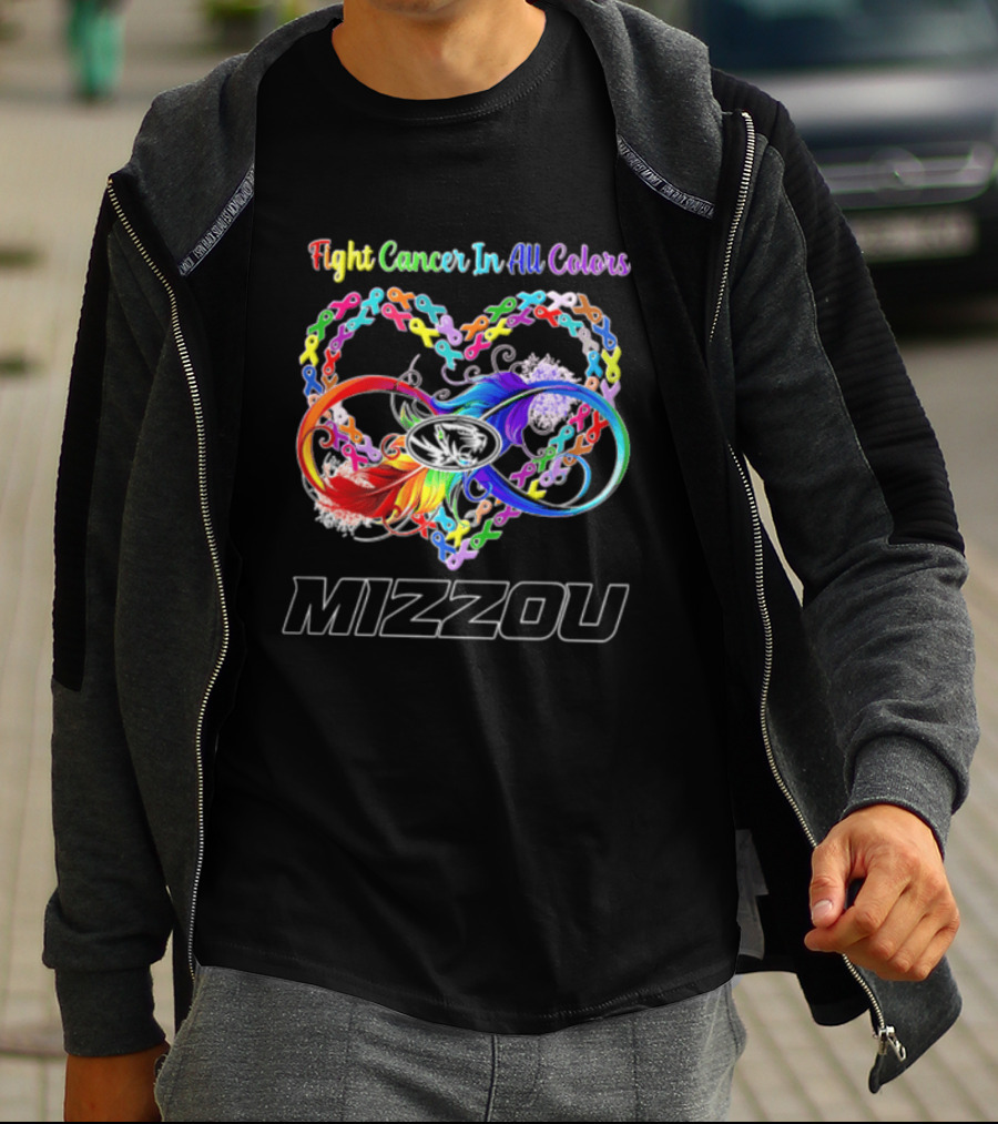 Mizzou Fight Cancer In All Colors Heart Infinity Ribbon Rainbow Feather T-Shirt