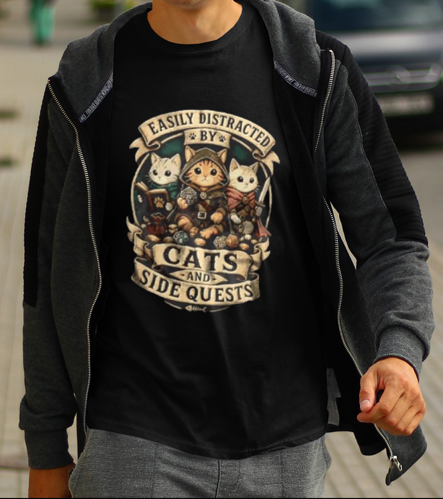 Easily Distracted By Cats And Side Quests Fantasy Adventure Cats T-Shirt