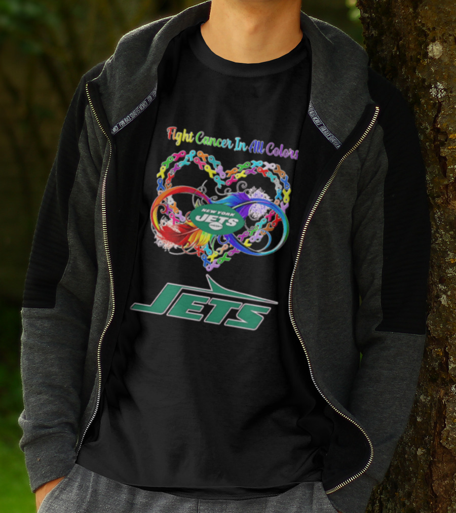 New York Jets Fight Cancer Rainbow Ribbons Infinity Heart Feather T-Shirt
