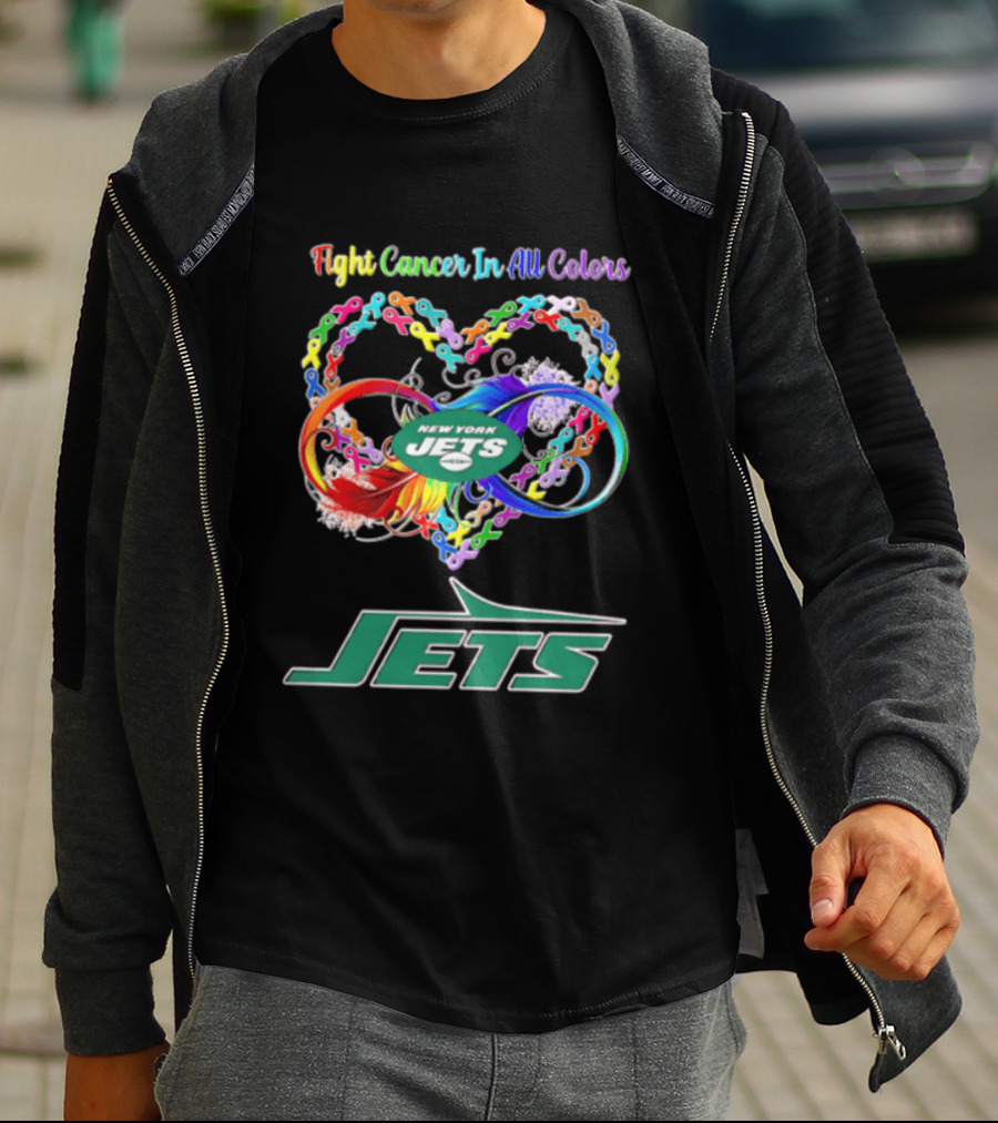 New York Jets Fight Cancer Rainbow Ribbons Infinity Heart Feather T-Shirt