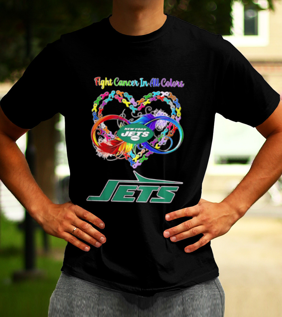 New York Jets Fight Cancer Rainbow Ribbons Infinity Heart Feather T-Shirt