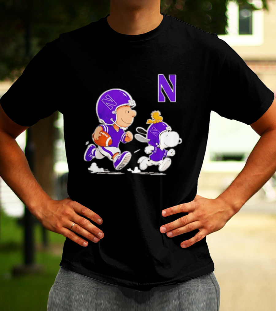 Northwestern Wildcats Charlie Brown Woodstock Snoopy Football Running T-Shirt