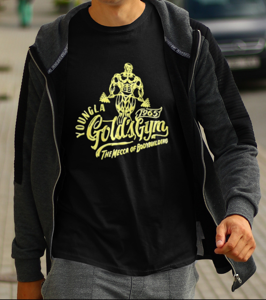 Youngla Golds Gym 1965 The Mecca Of Bodybuilding Muscular Man Holding Barbell T-Shirt
