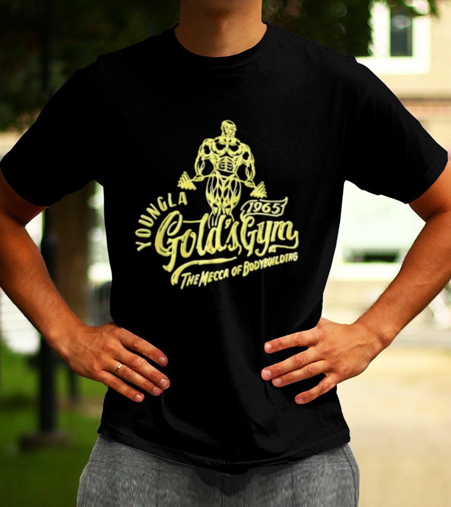Youngla Golds Gym 1965 The Mecca Of Bodybuilding Muscular Man Holding Barbell T-Shirt