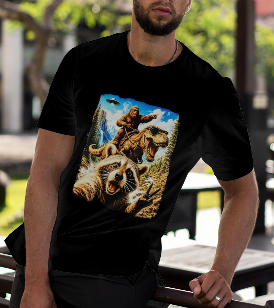 Raccoon Selfie Bigfoot Rex Adventure With UFO And Mountains T-Shirt