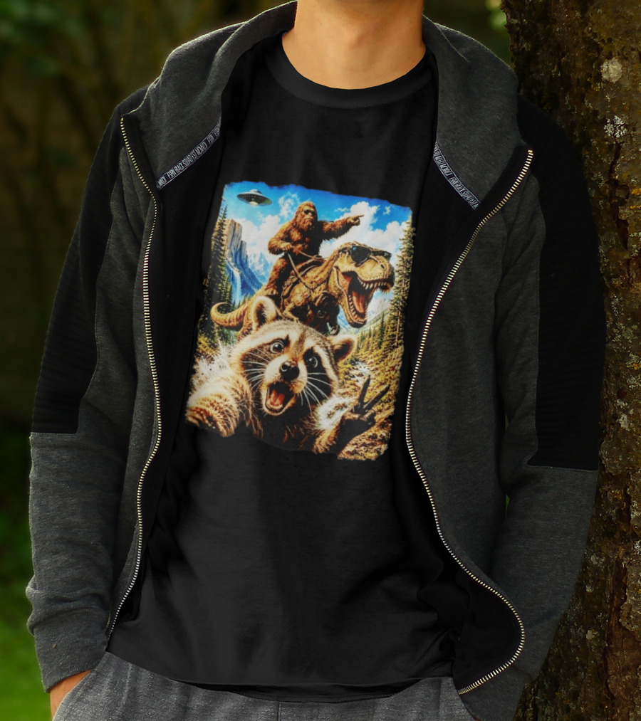 Raccoon Selfie Bigfoot Rex Adventure With UFO And Mountains T-Shirt
