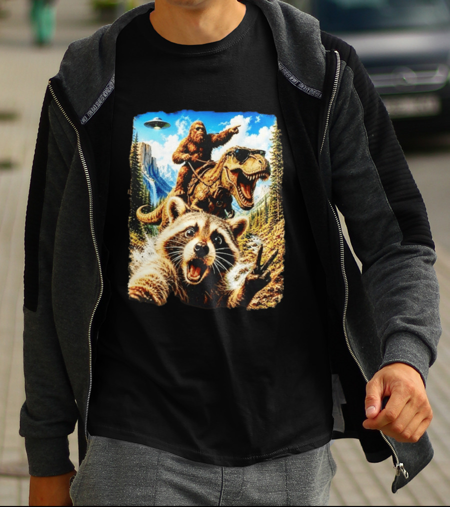Raccoon Selfie Bigfoot Rex Adventure With UFO And Mountains T-Shirt