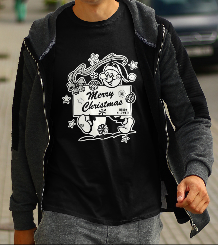 Reddy Kilowatt Merry Christmas Holiday Print Concept With Snowflakes T-Shirt