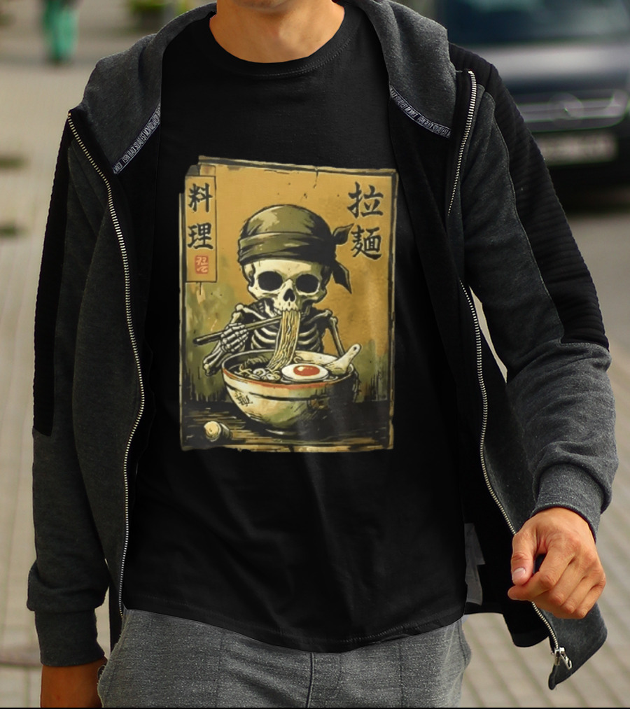 Skeleton Ramen Eating Kanji Cooking Noodles T-Shirt