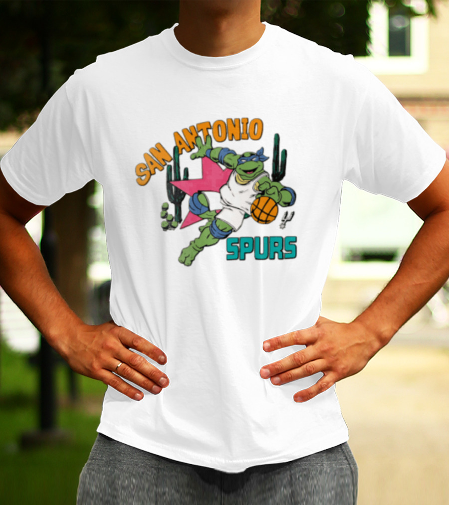 San Antonio Spurs Cartoon Turtle Dribbling Basketball Cacti T-Shirt