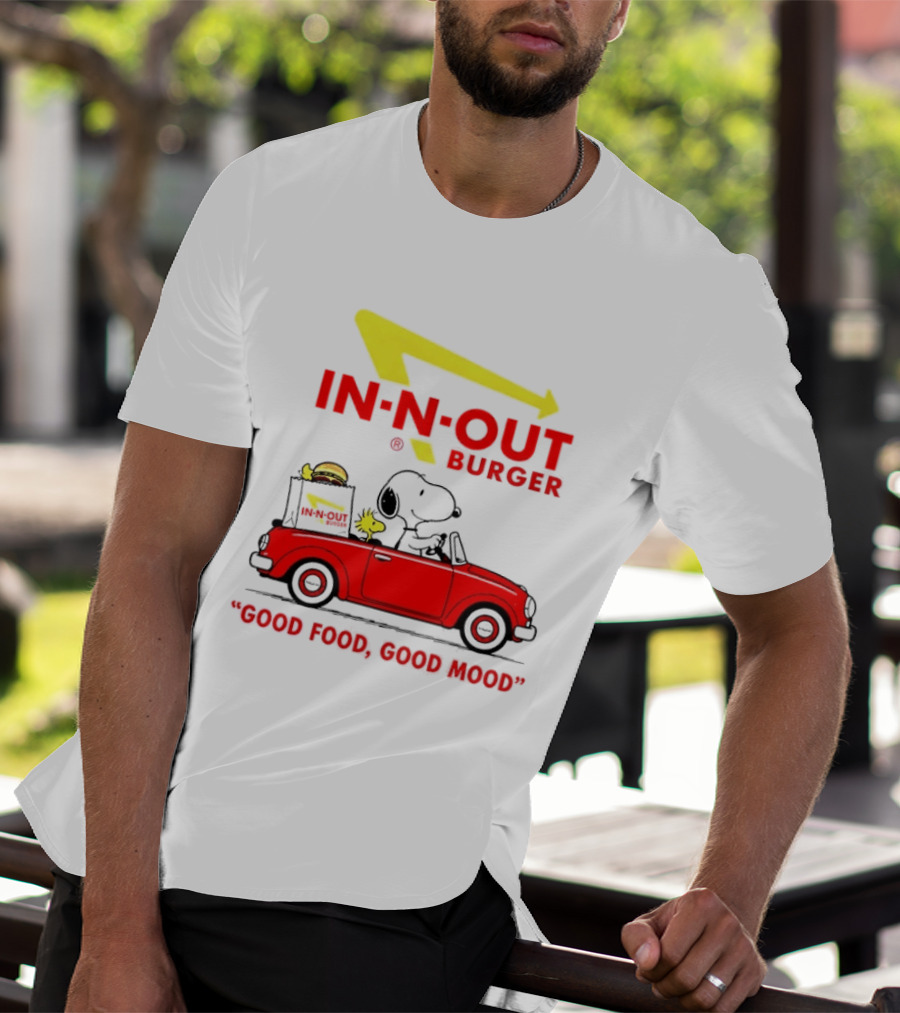 In N Out Burger Snoopy Woodstock Driving Red Convertible Good Food Good Mood T-Shirt