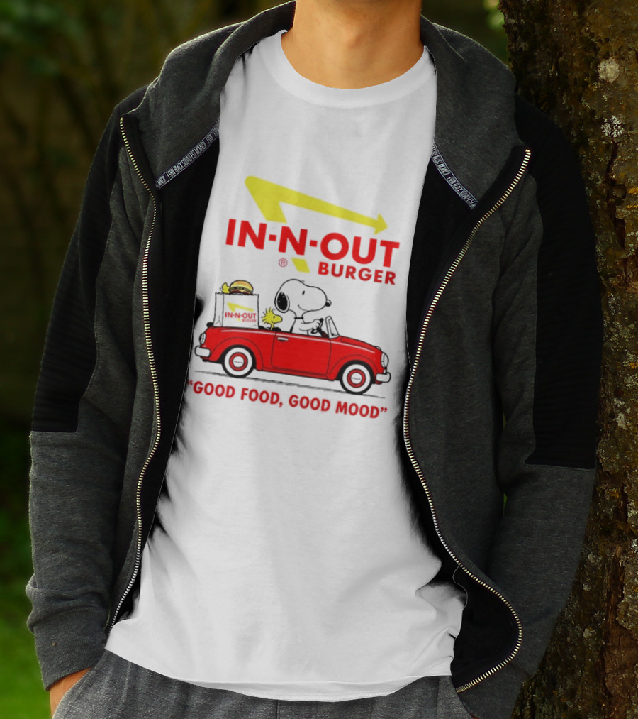 In N Out Burger Snoopy Woodstock Driving Red Convertible Good Food Good Mood T-Shirt