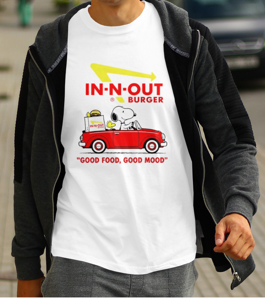 In N Out Burger Snoopy Woodstock Driving Red Convertible Good Food Good Mood T-Shirt