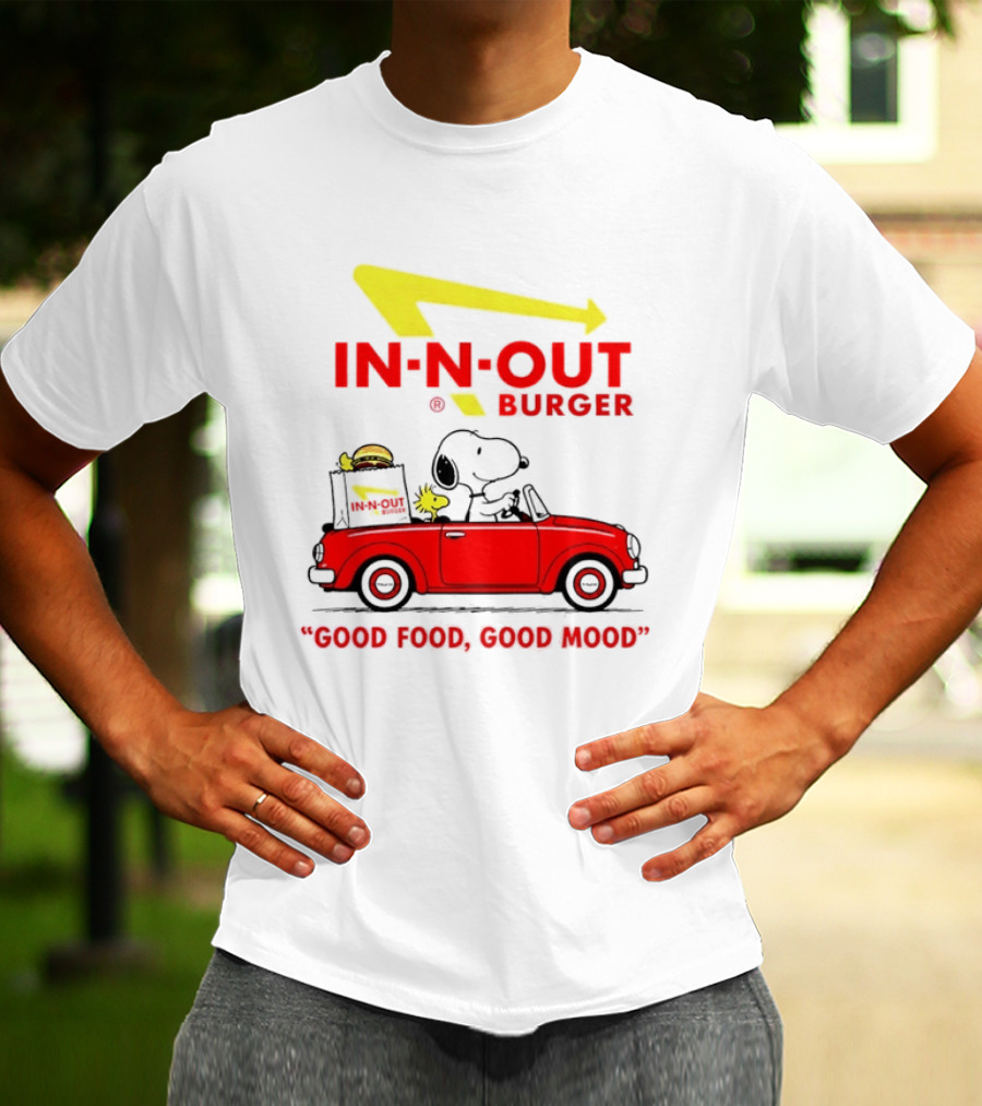 In N Out Burger Snoopy Woodstock Driving Red Convertible Good Food Good Mood T-Shirt