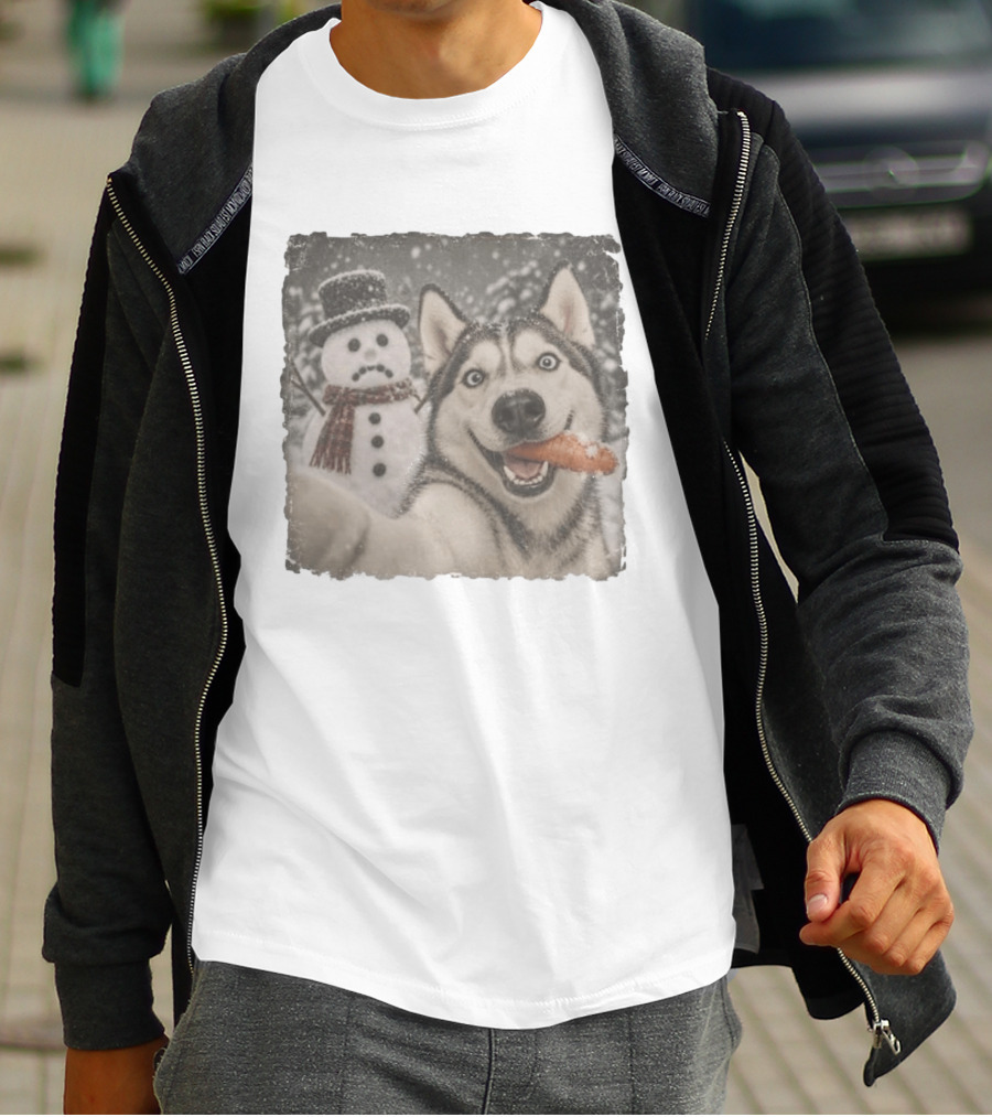 A Sled Dog With A Carrot And A Sad Snowman In A Snowy Winter Scene T-Shirt