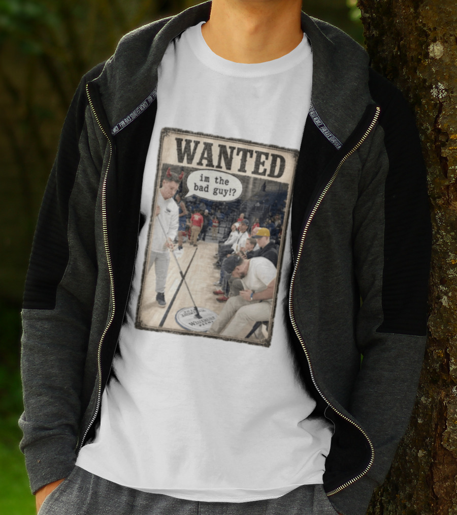 Wanted Im The Bad Guy Wintrust Arena Man Sweeping Floor Devil Horns T-Shirt