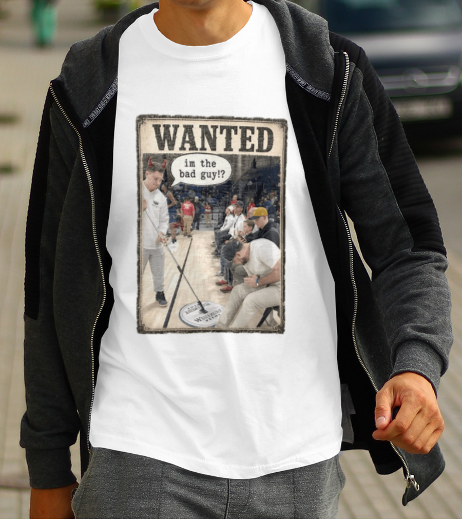 Wanted Im The Bad Guy Wintrust Arena Man Sweeping Floor Devil Horns T-Shirt