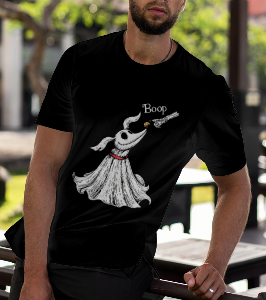 Boop Skeletal Hand Touching Pumpkin Nose With Ghostly Dog Line Sketch T-Shirt