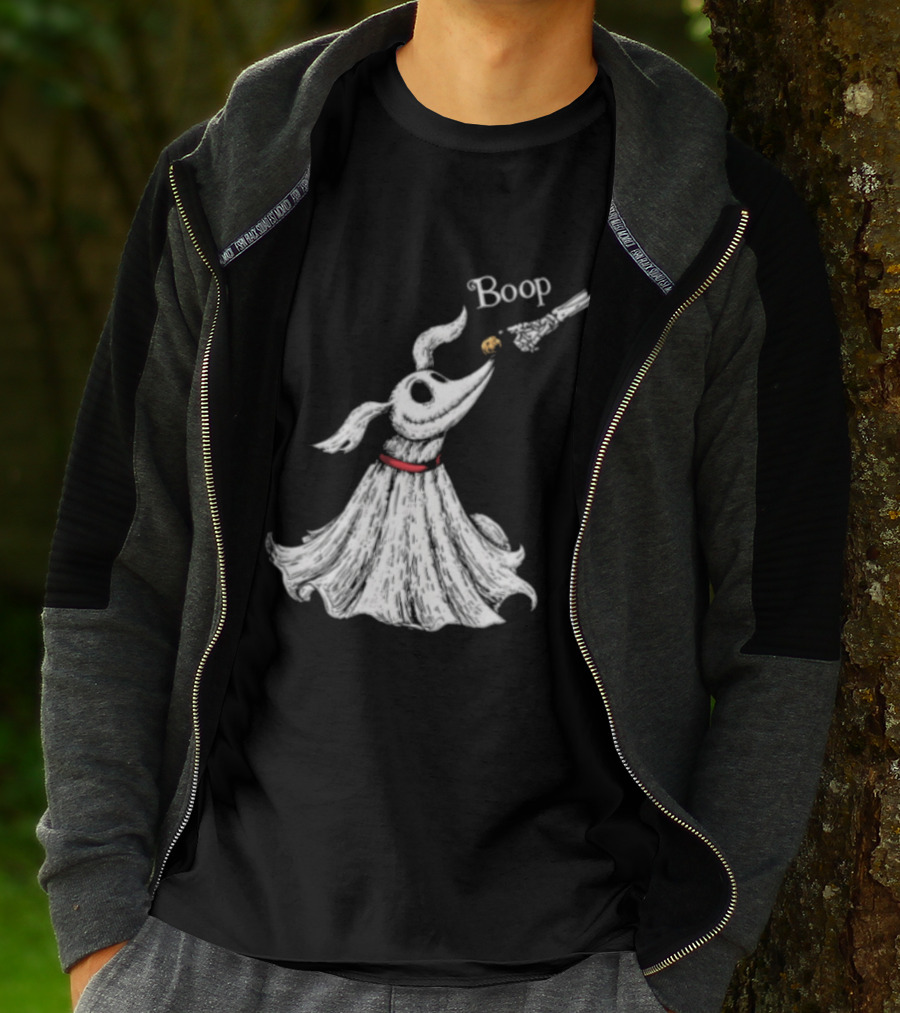 Boop Skeletal Hand Touching Pumpkin Nose With Ghostly Dog Line Sketch T-Shirt