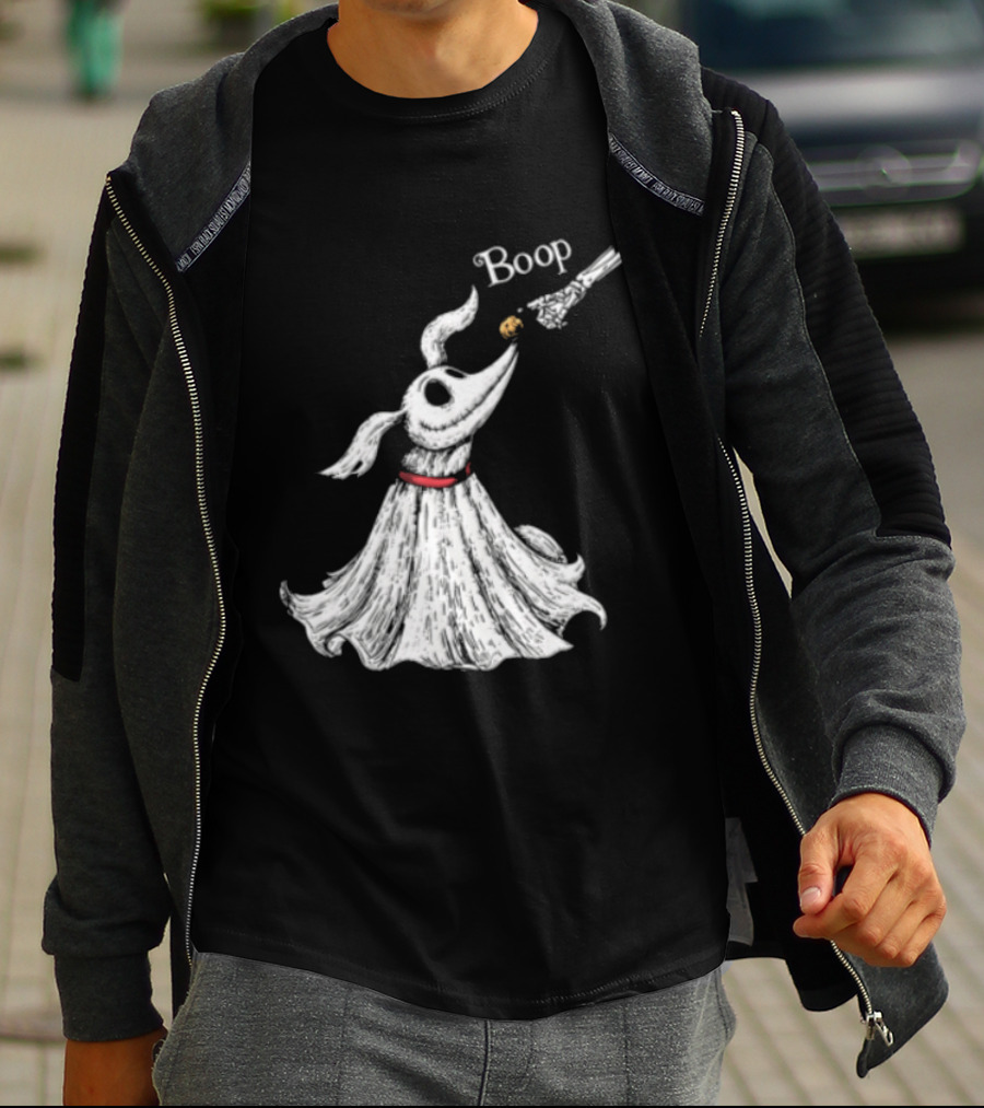 Boop Skeletal Hand Touching Pumpkin Nose With Ghostly Dog Line Sketch T-Shirt