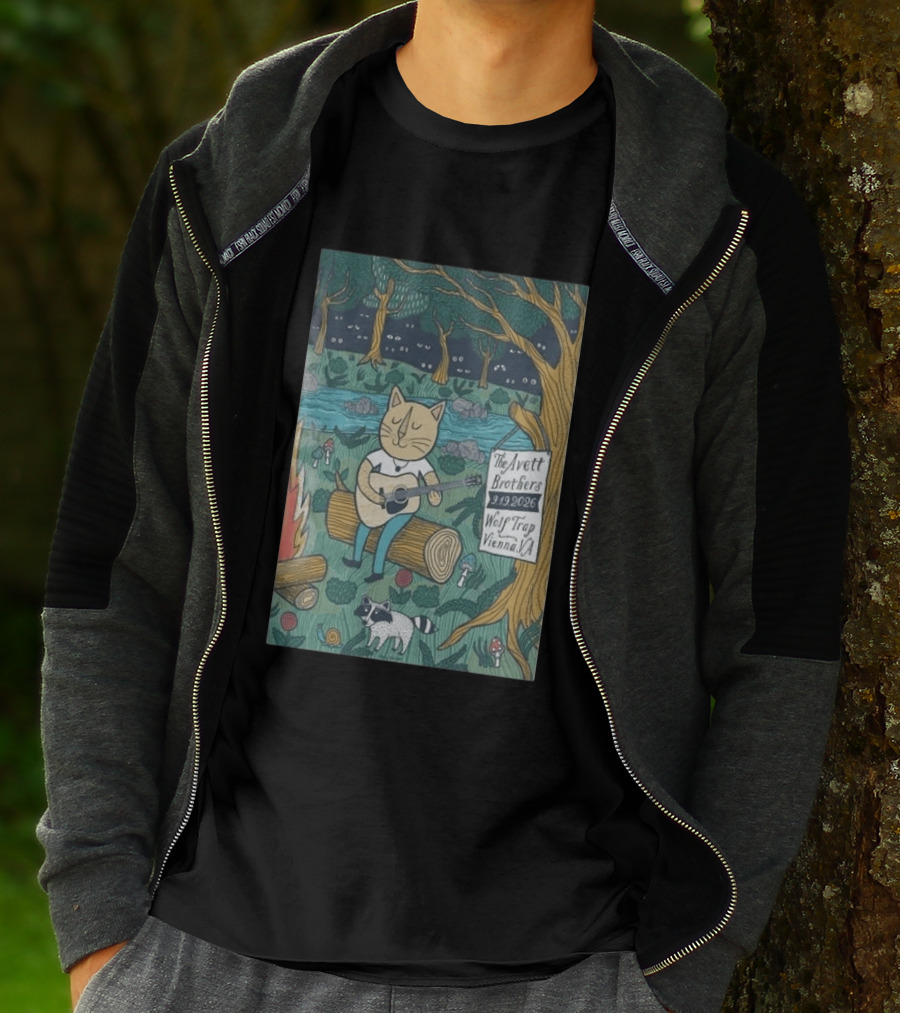 The Avett Brothers Wolf Trap Vienna Virginia 2026 Concert Cat Playing Guitar In Forest Scene T-Shirt