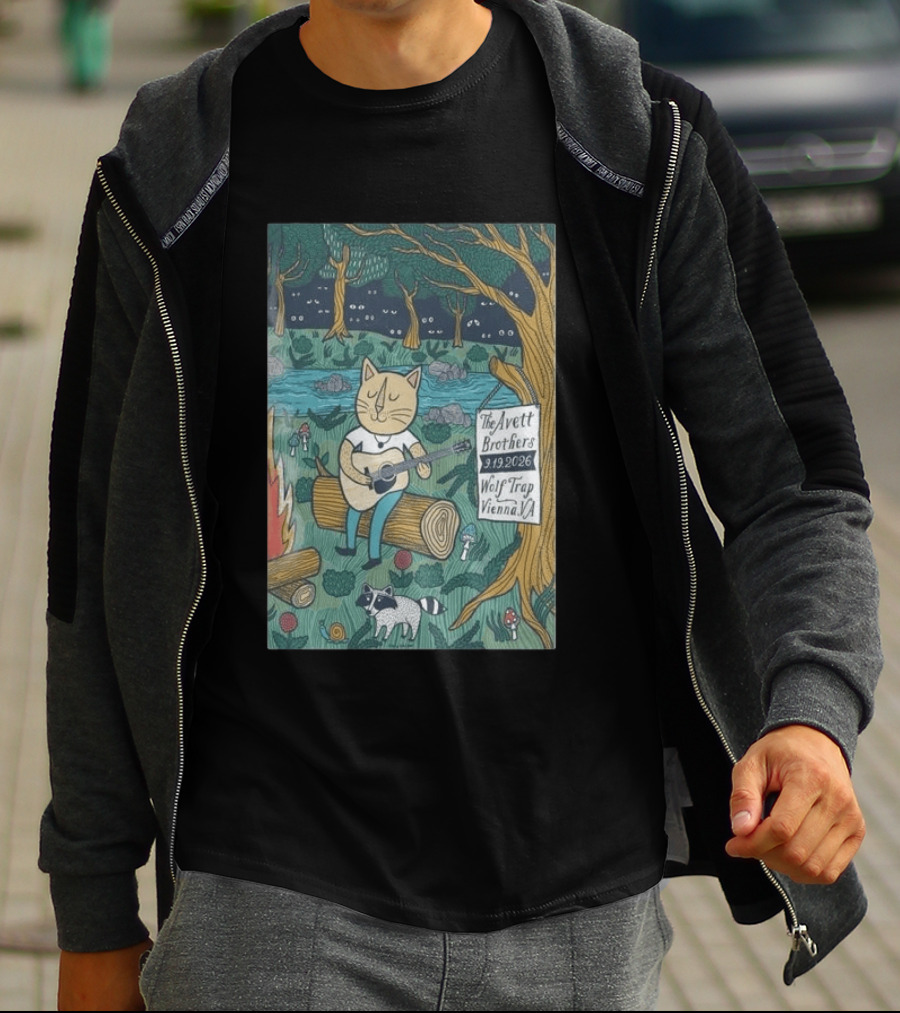The Avett Brothers Wolf Trap Vienna Virginia 2026 Concert Cat Playing Guitar In Forest Scene T-Shirt