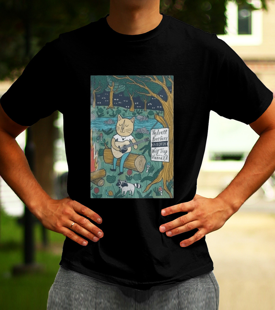 The Avett Brothers Wolf Trap Vienna Virginia 2026 Concert Cat Playing Guitar In Forest Scene T-Shirt