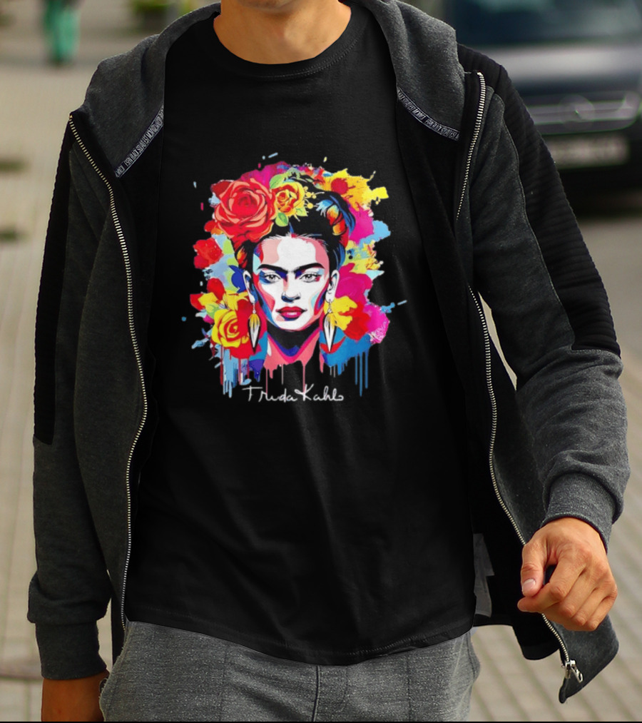 Frida Kahlo Colorful Floral Mexican Artist Vibrant Roses And Dripping Paint T-Shirt