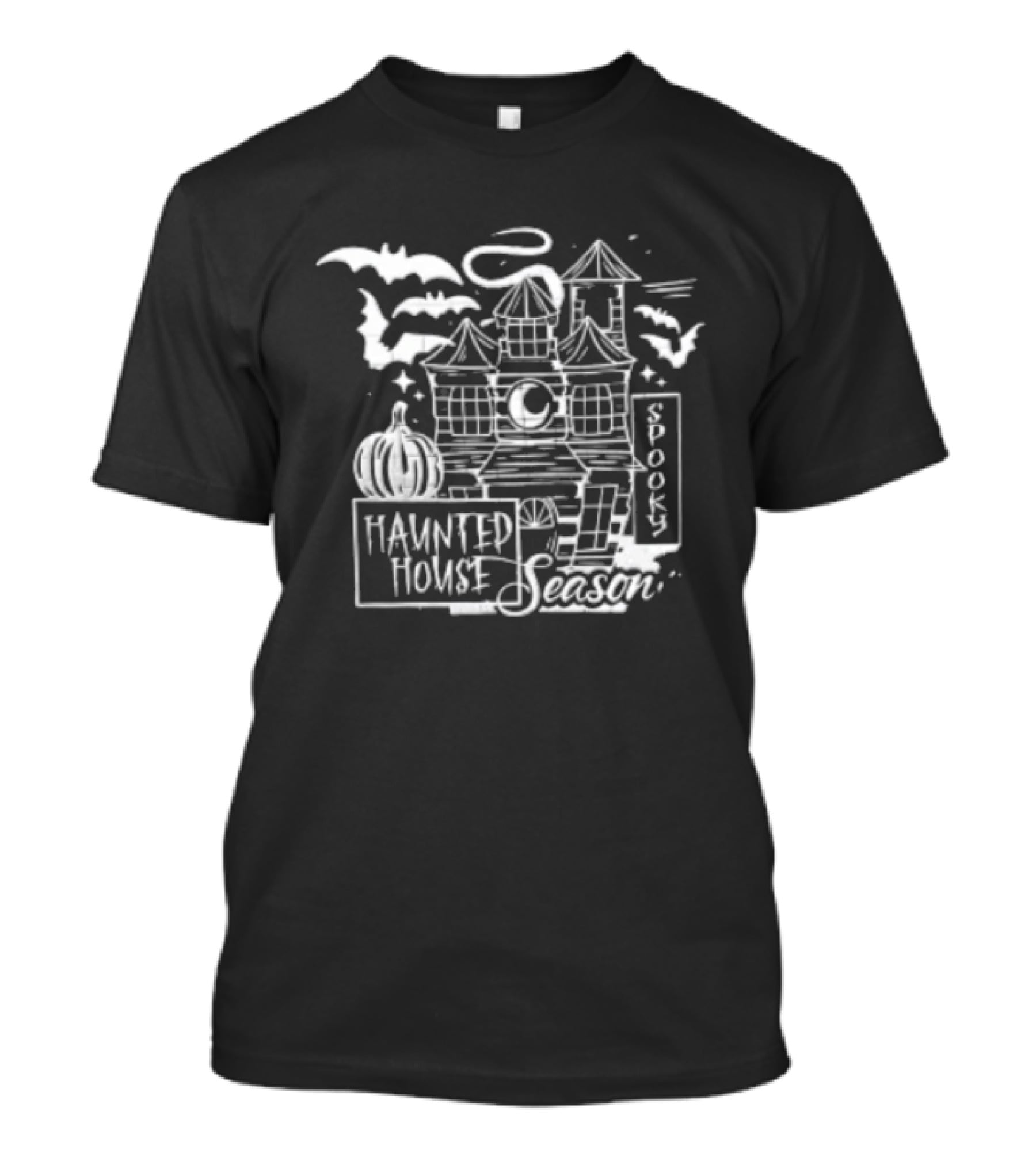 Haunted House Season Halloween Pumpkins Bats Moon Spooky Books T-Shirt
