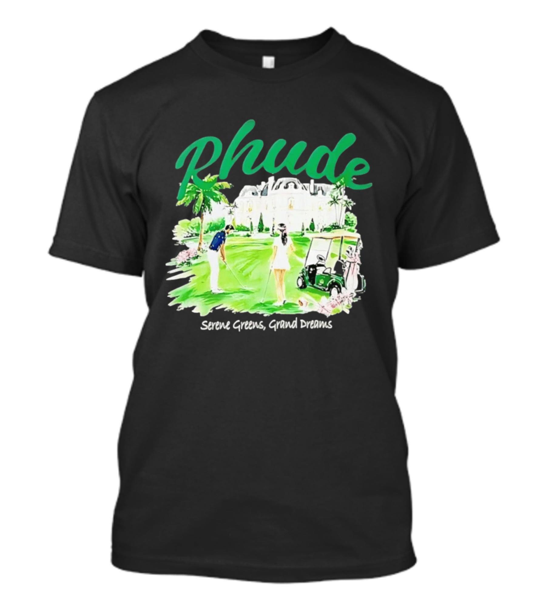 Rhude Serene Greens Grand Dreams Golf Scene Classic Polo Players And Golf Cart Mansion T-Shirt