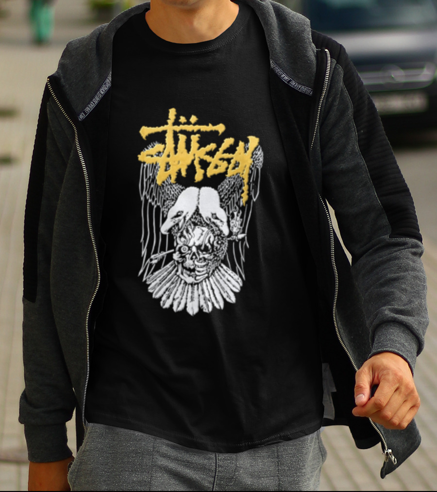 Stussy Two Headed Eagle Skull Yellow Text White Sketch T-Shirt