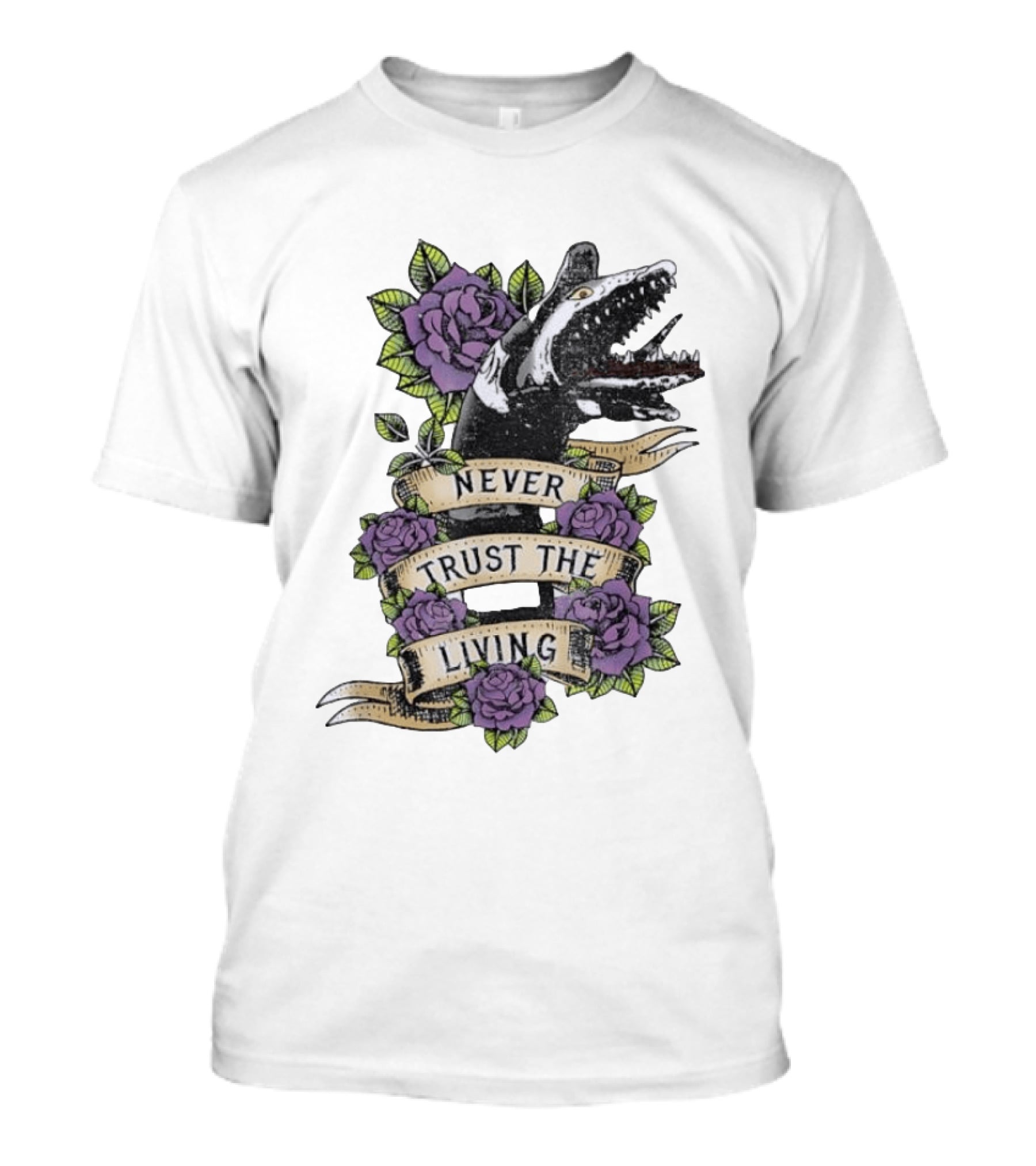 Beetlejuice Never Trust The Living Floral Banner With Sandworm And Purple Roses T-Shirt
