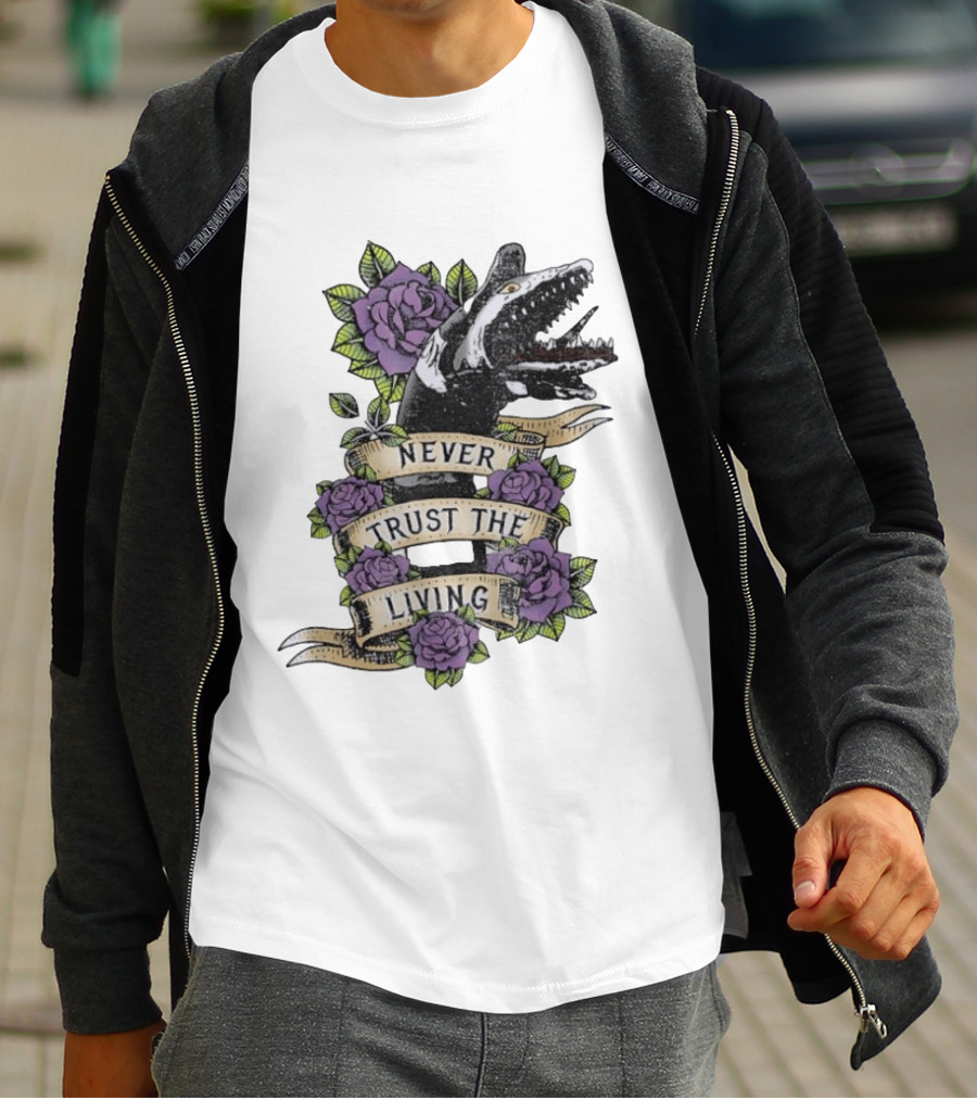 Beetlejuice Never Trust The Living Floral Banner With Sandworm And Purple Roses T-Shirt