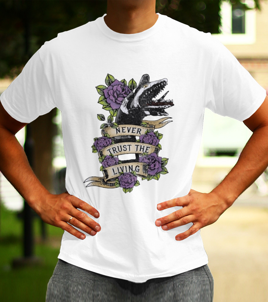 Beetlejuice Never Trust The Living Floral Banner With Sandworm And Purple Roses T-Shirt