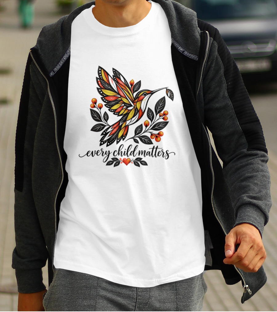Every Child Matters Hummingbird Orange Awareness Floral Heart T-Shirt