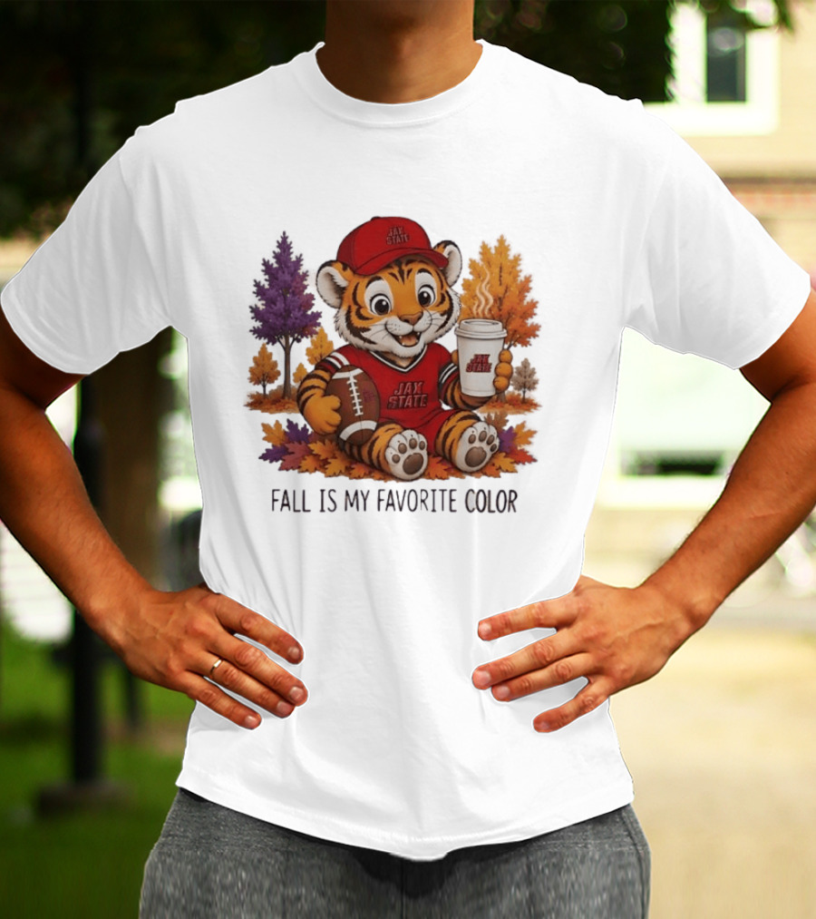 Jax State Tiger Fall Is My Favorite Color Cute Cartoon Tiger Football Autumn Leaves T-Shirt