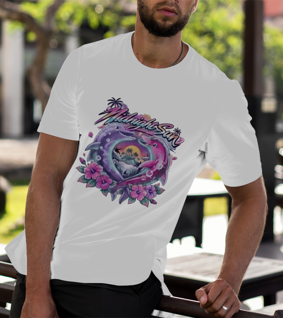 Midnight Sun Heart Dolphins Tropical Sunset T-Shirt