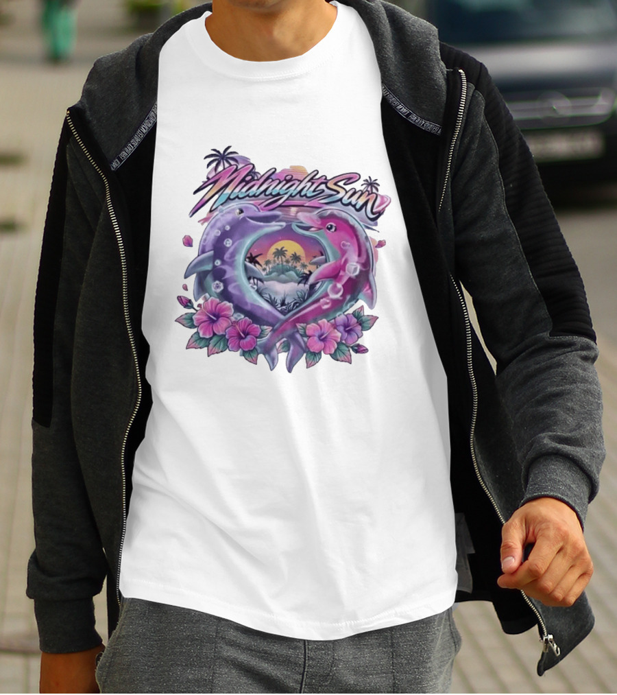 Midnight Sun Heart Dolphins Tropical Sunset T-Shirt