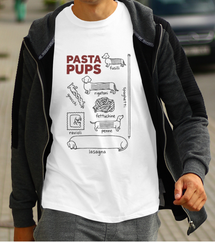 Pasta Pups Dachshund Fusilli Rigatoni Fettuccine Penne Ravioli Lasagna Gnocchi Spaghetti T-Shirt